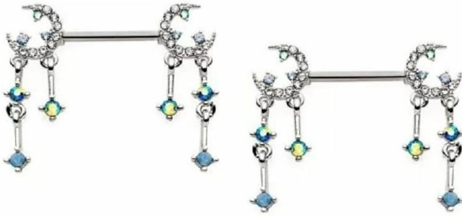 Pierced Owl Pierced Owl 14Ga 316L Stainless Steel Gemmed Crescent Moon And Star With Dangling Charms Nipple Barbells, Sold As A Pair | Body Piercing Barbells