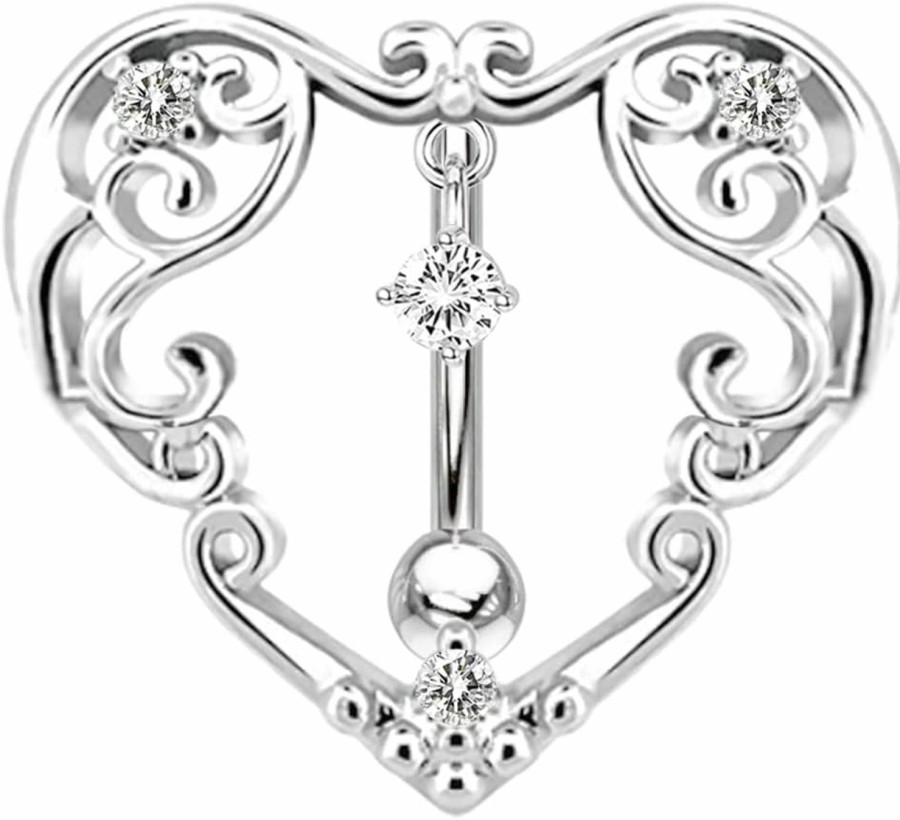 FLOGWE Flogwe 14G Heart Belly Button Ring 316L Inlaid Cz Crystal Heart Reverse Hinge Top Belly Ring Top Down Belly Button Ring Medical Steel Body Piercing Jewelry For Women Girls | Body Piercing Barbells