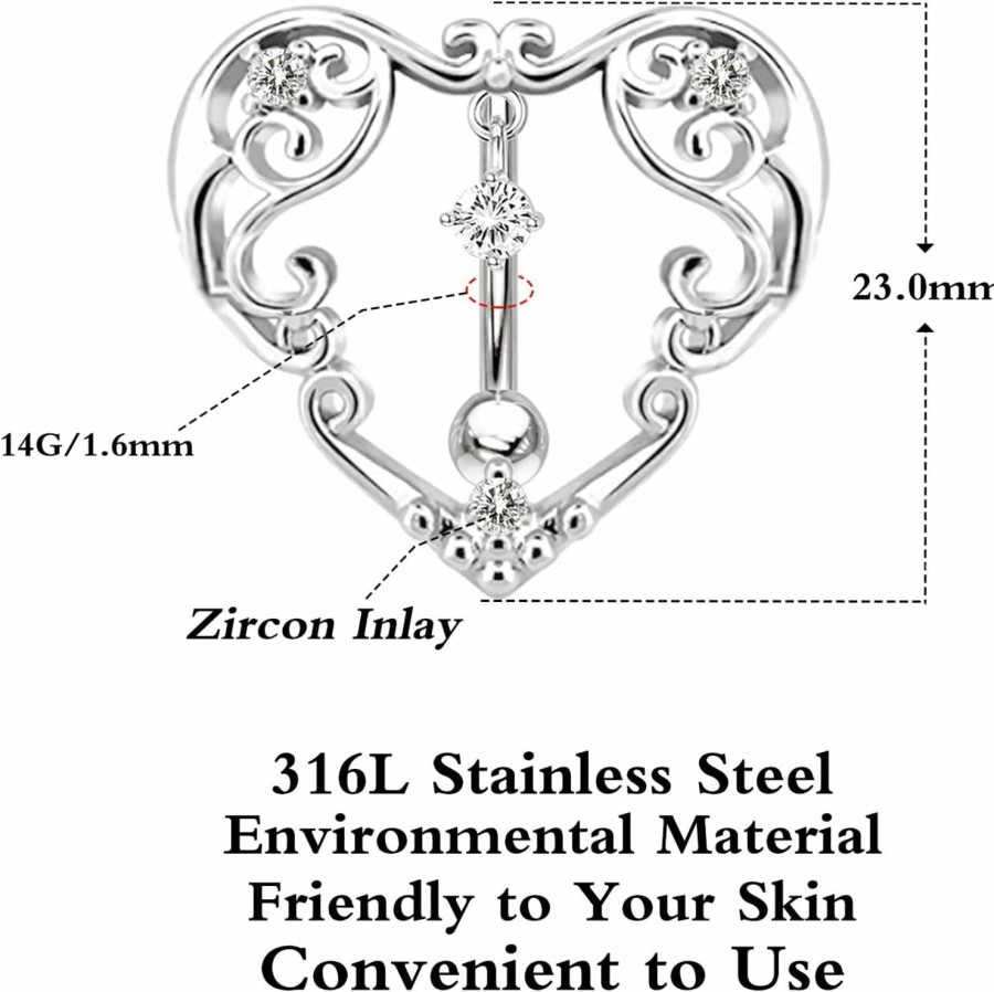 FLOGWE Flogwe 14G Heart Belly Button Ring 316L Inlaid Cz Crystal Heart Reverse Hinge Top Belly Ring Top Down Belly Button Ring Medical Steel Body Piercing Jewelry For Women Girls | Body Piercing Barbells