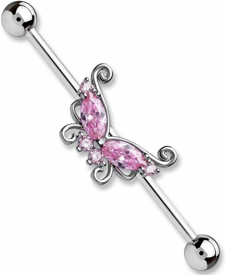 Pierced Owl Pierced Owl - 14Ga 316L Surgical Steel Cz Crystal Butterfly Industrial Barbell | Body Piercing Barbells