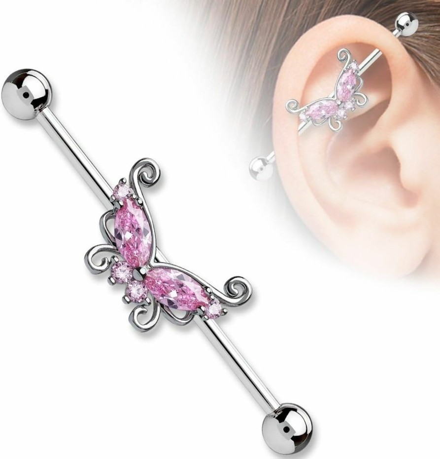 Pierced Owl Pierced Owl - 14Ga 316L Surgical Steel Cz Crystal Butterfly Industrial Barbell | Body Piercing Barbells