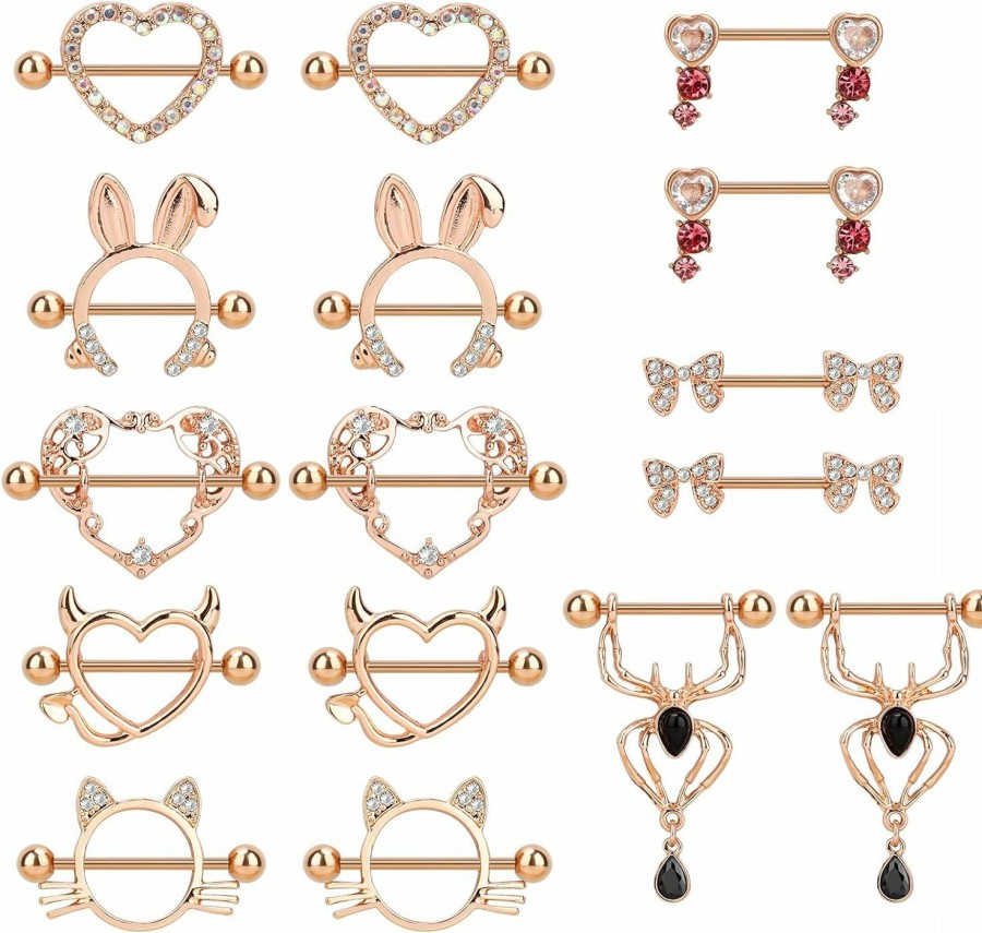 CrazyPiercing Crazypiercing 8 Pairs Cute Nipple Rings Surgical Stainless Steel Barbell Nipple Rings 18G Nipple Piercing Jewelry Set For Women Man (Rose Gold) | Body Piercing Barbells