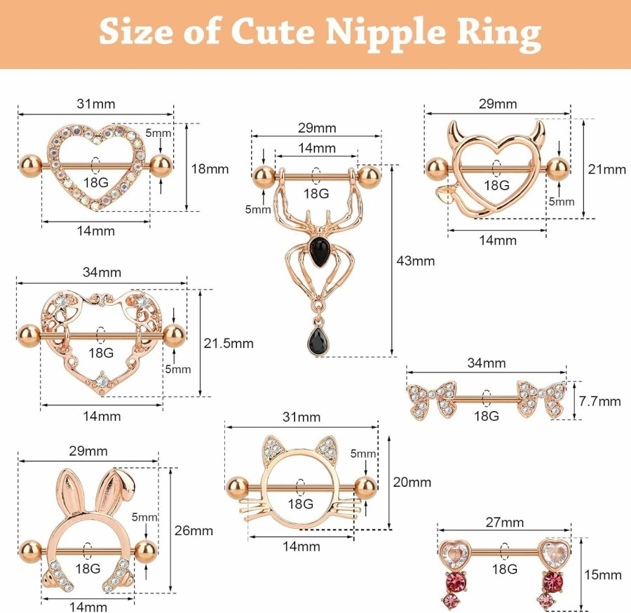 CrazyPiercing Crazypiercing 8 Pairs Cute Nipple Rings Surgical Stainless Steel Barbell Nipple Rings 18G Nipple Piercing Jewelry Set For Women Man (Rose Gold) | Body Piercing Barbells