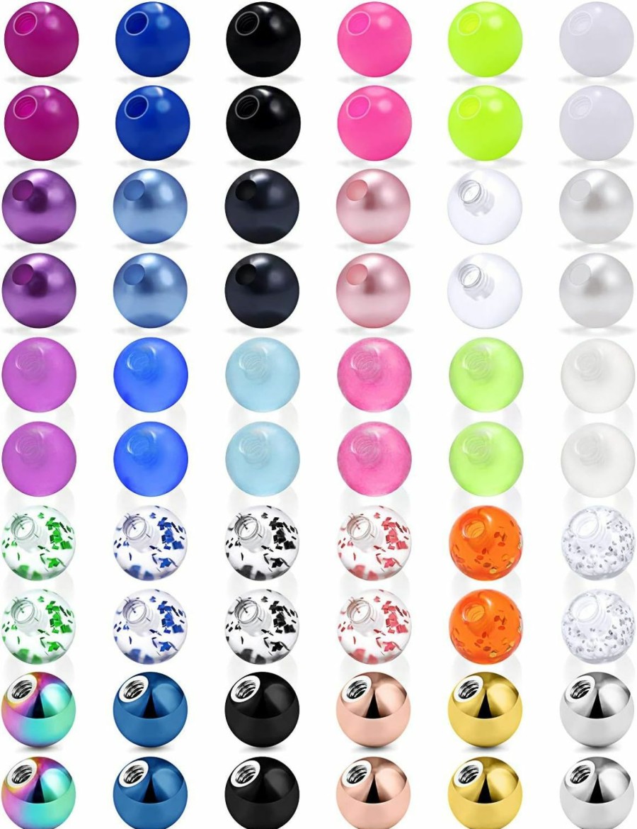 Ftovosyo Ftovosyo 14G 60Pcs Mix Color Replacement Balls Jewelry Piercing Stainless Steel & Clear Acrylic Barbell Parts For Industrial Barbell/Nipple Rings/Tongue Rings | Body Piercing Barbells