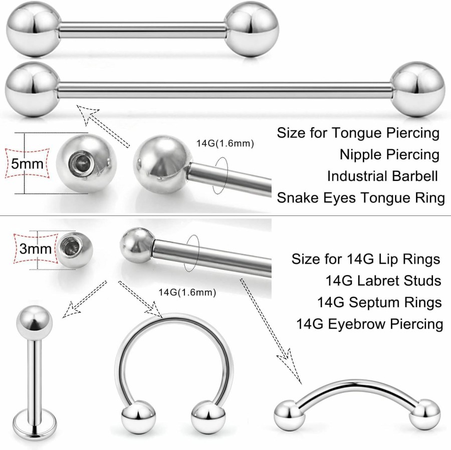 Ftovosyo Ftovosyo 14G 60Pcs Mix Color Replacement Balls Jewelry Piercing Stainless Steel & Clear Acrylic Barbell Parts For Industrial Barbell/Nipple Rings/Tongue Rings | Body Piercing Barbells