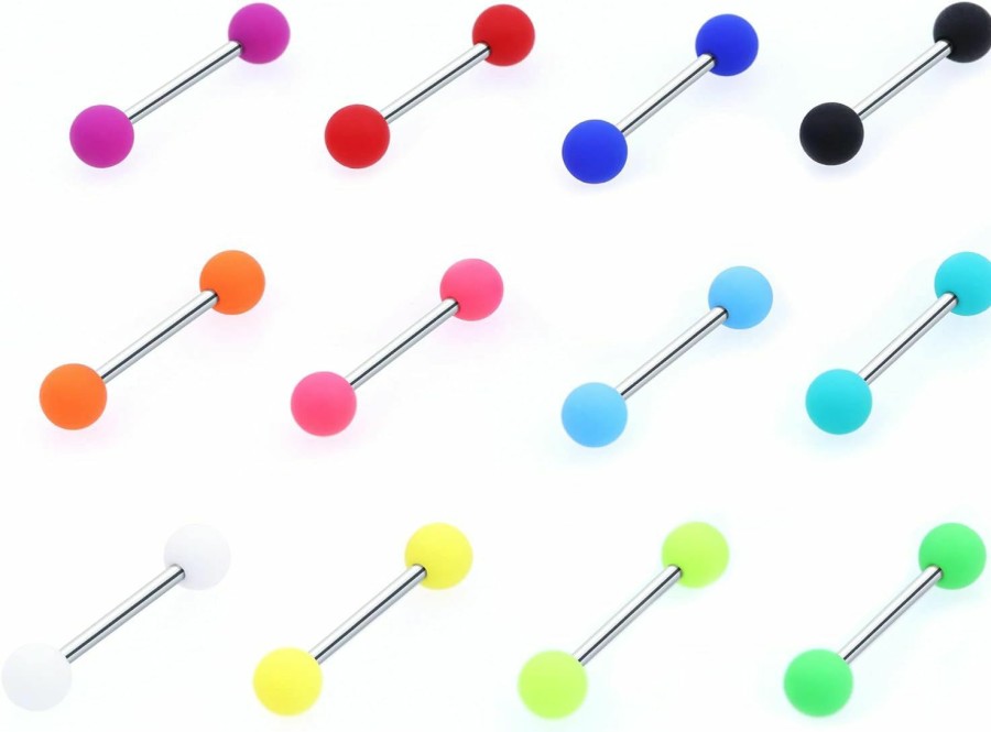 PiercingArt Piercingart 24Pcs Acrylic Tongue Rings Plastic Rubber Nipple Rings Neon Colorful Pink White Green Yellow Black Orange Teal Matte Balls Sexy Barbell Piercing Jewelry For Women Men 14G | Body Piercing Barbells