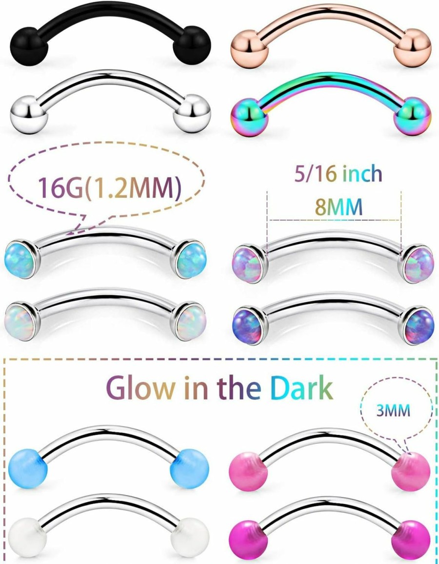 Prjndjw Prjndjw 16G 12Pcs Eyebrow Piercings Curved Barbell Piercings Glow In The Dark Eyebrow Rings For Women Men Girl 8Mm 10Mm | Body Piercing Barbells