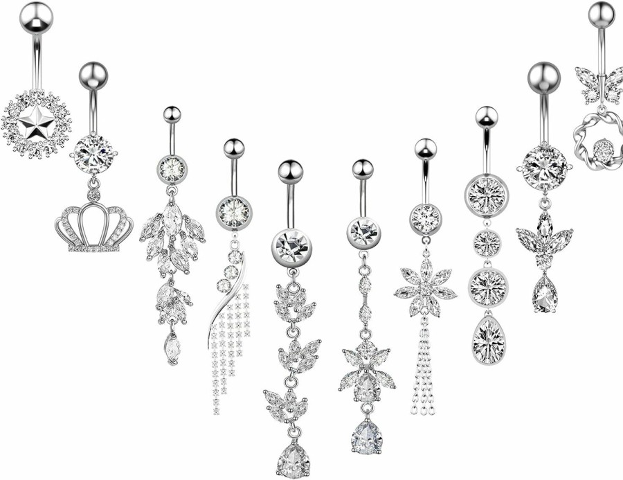 NEWITIN Newitin 10 Pieces 14G Belly Button Rings Dangle 316L Surgical Steel Navel Rings Cubic Zirconia Belly Piercing Jewelry Belly Dangle Rings For Women Girls | Body Piercing Barbells