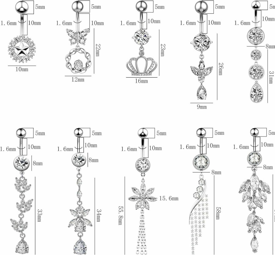 NEWITIN Newitin 10 Pieces 14G Belly Button Rings Dangle 316L Surgical Steel Navel Rings Cubic Zirconia Belly Piercing Jewelry Belly Dangle Rings For Women Girls | Body Piercing Barbells