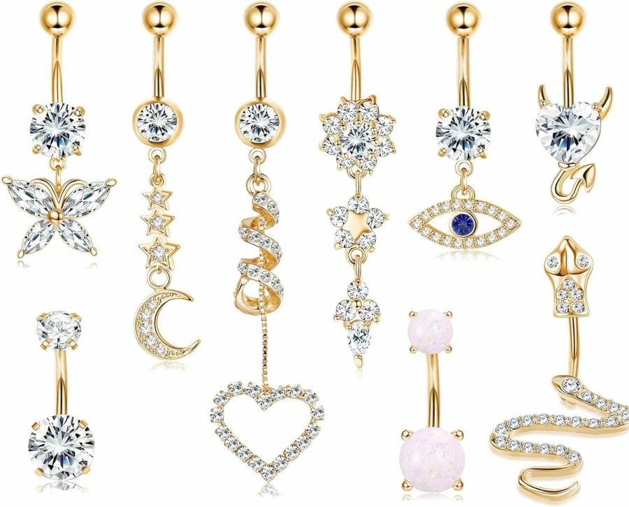 THUNARAZ Thunaraz 14G Belly Button Rings Dangle Surgical Steel Snake Evil Eye Heart Belly Button Ring For Women Clear Cz Navel Ring Sexy Belly Piercing Pack 9 Pcs | Body Piercing Barbells