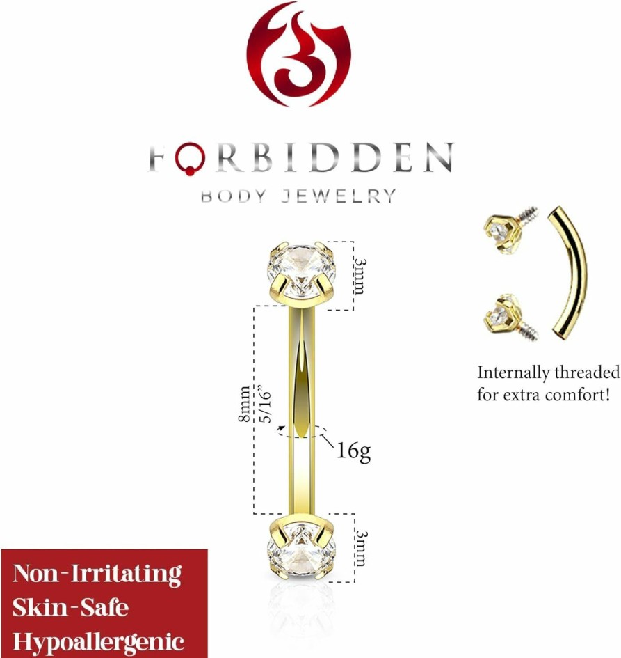 Forbidden Body Jewelry Forbidden Body Jewelry 16G 8Mm Surgical Steel Internally Threaded Clear Cz Curved Barbell For Daith, Eyebrow & Rook Piercings | Body Piercing Barbells