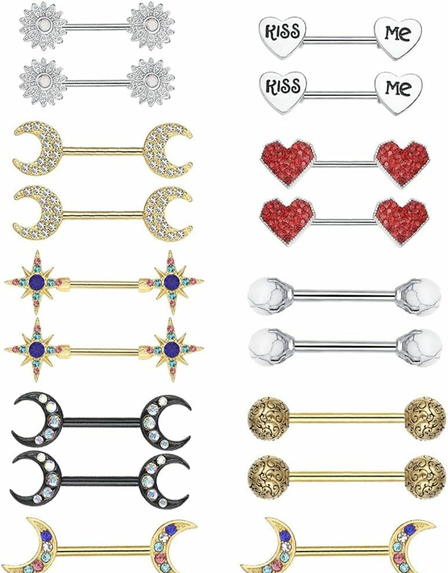 WASOLIE Wasolie 7Pairs Cute Stainless Steel Nipple Rings Barbell Piercing Nipple Tongue Rings 14G. | Body Piercing Barbells