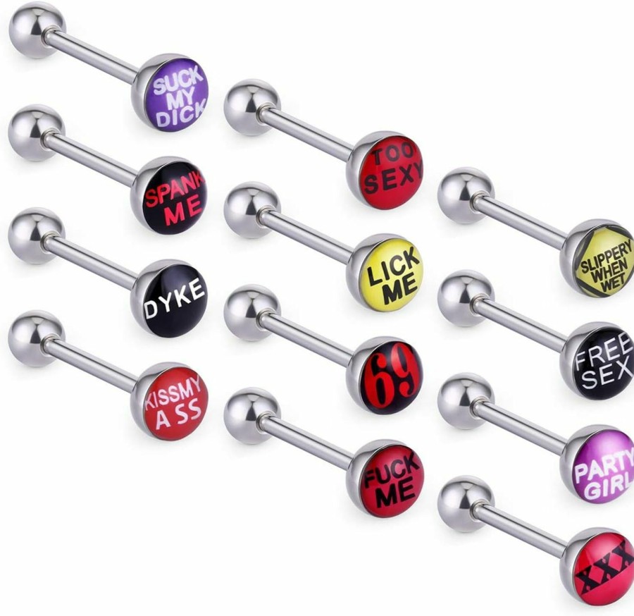 COTTVOTT Cottvott Novelty Letter Stainless Steel Tongue Rings Body Piercing Jewelry Barbells(12Pcs Mix) | Body Piercing Barbells