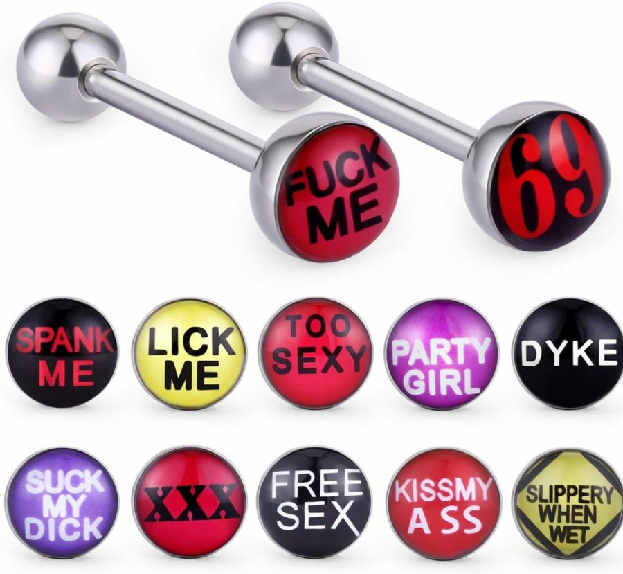 COTTVOTT Cottvott Novelty Letter Stainless Steel Tongue Rings Body Piercing Jewelry Barbells(12Pcs Mix) | Body Piercing Barbells