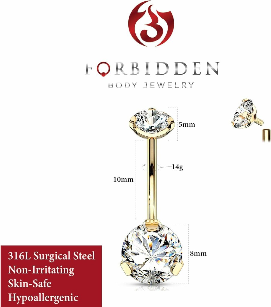 Forbidden Body Jewelry Forbidden Body Jewelry Long Belly Button Rings, Belly Button Jewelry, 14G Surgical Steel, Tri-Prong Round Cz Solitaire Belly Ring For Women, Internally Threaded | Body Piercing Barbells