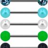 COCHARM Cocharm Black Green Flower Tongue Rings 14G Unique Floral Tongue Barbells Pearl Tongue Bar Tongue Piercing Jewelry Hypoallergenic | Body Piercing Barbells