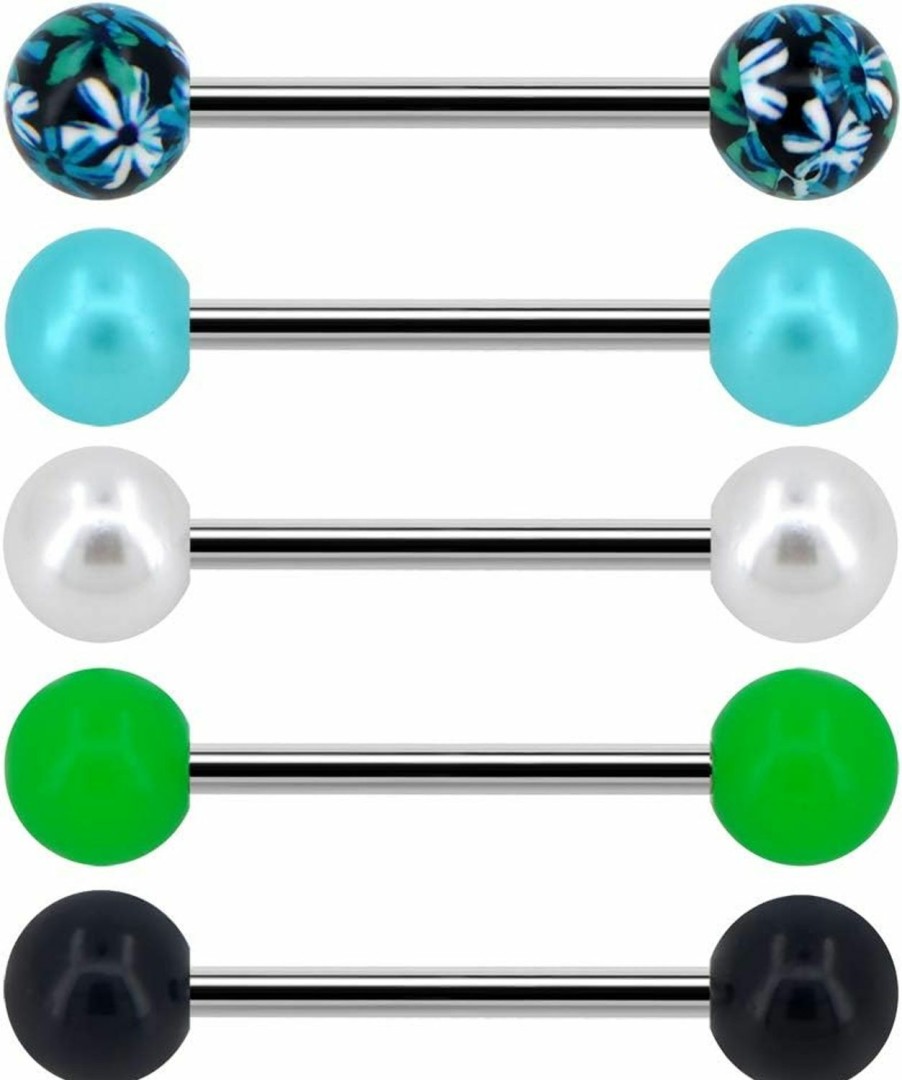 COCHARM Cocharm Black Green Flower Tongue Rings 14G Unique Floral Tongue Barbells Pearl Tongue Bar Tongue Piercing Jewelry Hypoallergenic | Body Piercing Barbells