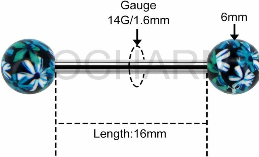 COCHARM Cocharm Black Green Flower Tongue Rings 14G Unique Floral Tongue Barbells Pearl Tongue Bar Tongue Piercing Jewelry Hypoallergenic | Body Piercing Barbells