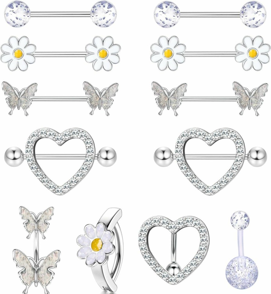 ORAZIO Orazio 14G Nipple Rings For Women Surgical Steel Belly Button Ring Butterfly Daisy Flower Nipple Barbells Cz Heart Curved Navel Rings 12 Pcs Nipple Piercings Jewelry Set | Body Piercing Barbells