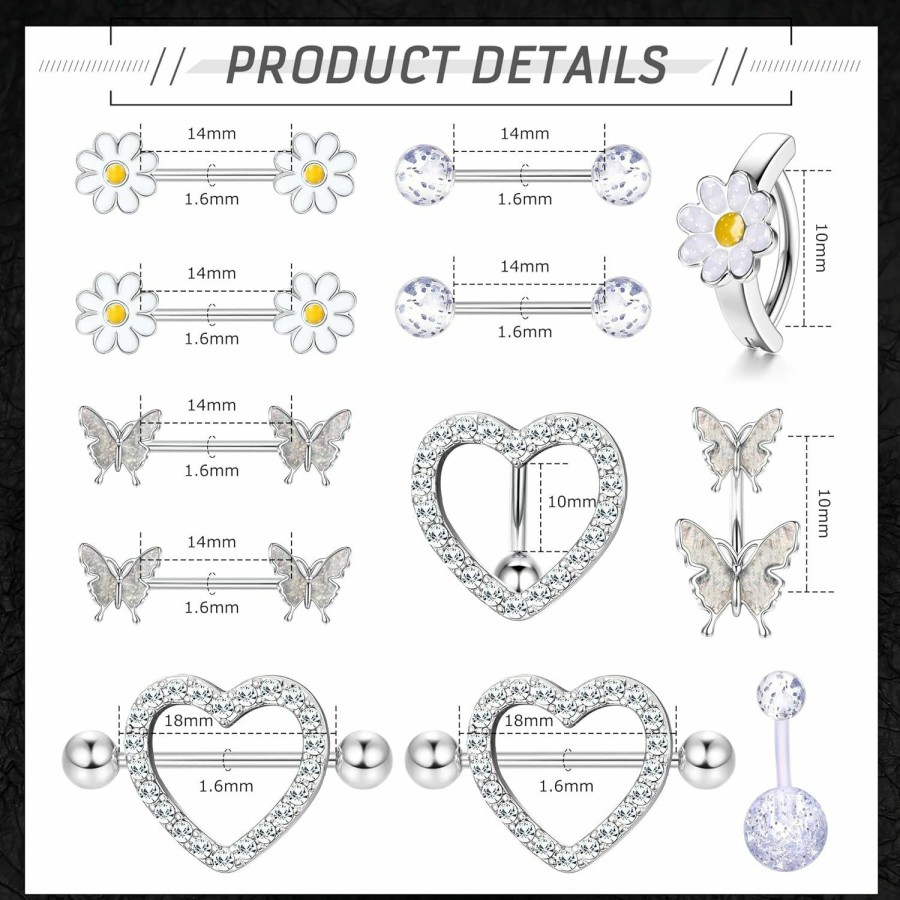 ORAZIO Orazio 14G Nipple Rings For Women Surgical Steel Belly Button Ring Butterfly Daisy Flower Nipple Barbells Cz Heart Curved Navel Rings 12 Pcs Nipple Piercings Jewelry Set | Body Piercing Barbells