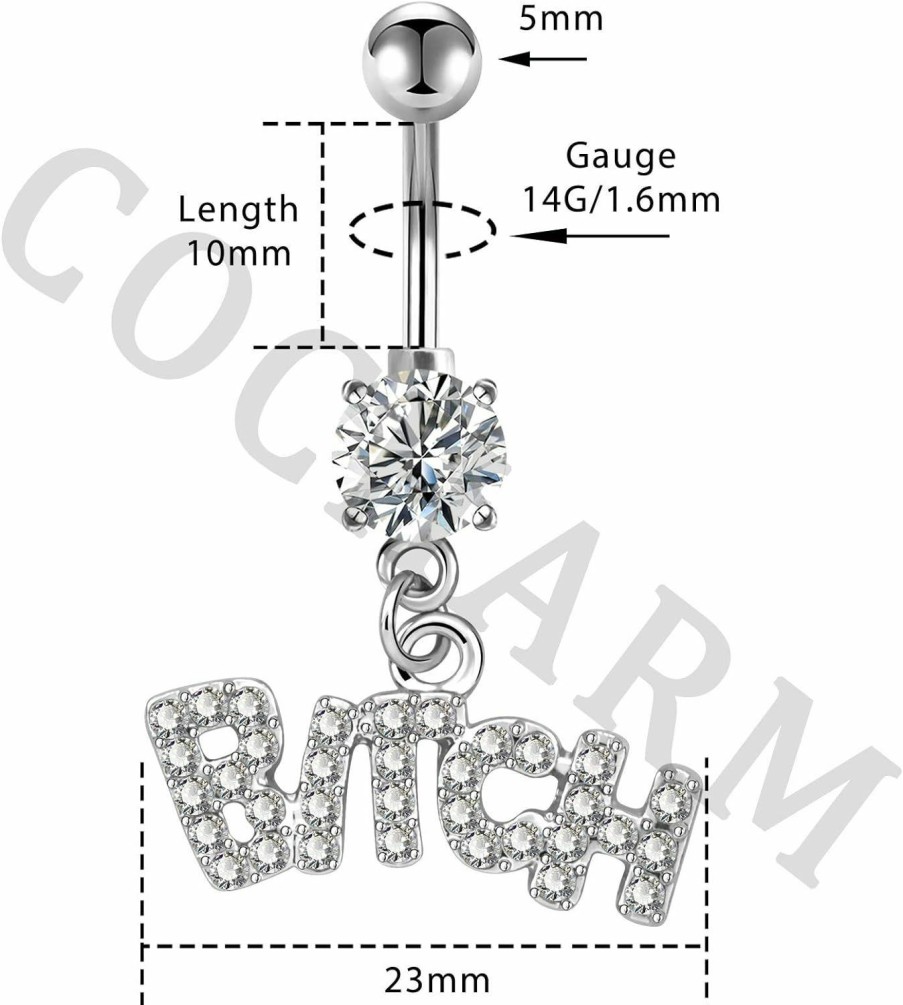 COCHARM Cocharm 14G Bitch Belly Button Rings Bling Clear Cz Cute Crystal Dangle Belly Button Rings For Women Crystal Belly Button Piercing | Body Piercing Barbells