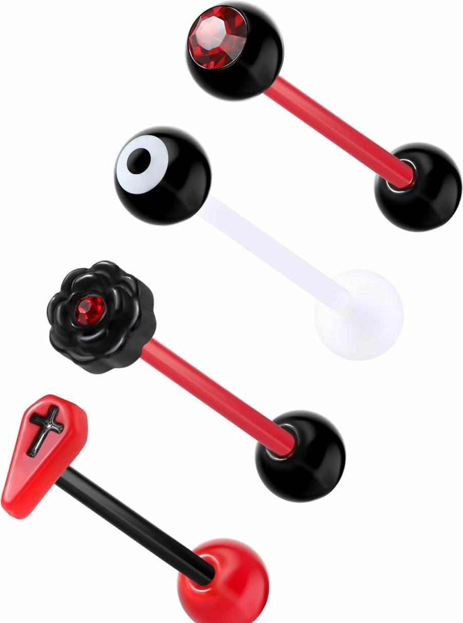 COCHARM Cocharm 4Pcs Black Red Coffin Tongue Rings Acrylic Flexible 14G Plastic Tongue Rings Flat Flower Tongue Rings Red Cz Tongue Barbell Black White Eye Tongue Piercing Jewelry | Body Piercing Barbells