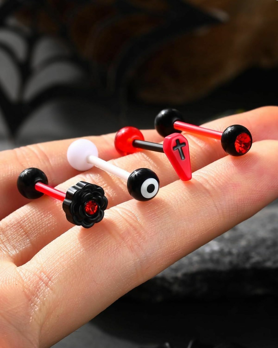 COCHARM Cocharm 4Pcs Black Red Coffin Tongue Rings Acrylic Flexible 14G Plastic Tongue Rings Flat Flower Tongue Rings Red Cz Tongue Barbell Black White Eye Tongue Piercing Jewelry | Body Piercing Barbells