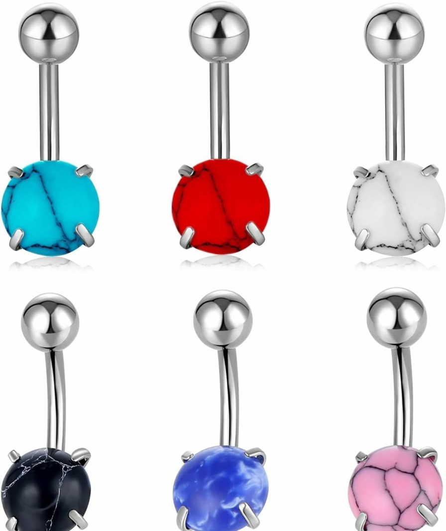 NASAMA Nasama 6Pcs 14G Stainless Steel Dangle Belly Button Rings For Women Belly Piercing Cz Inlaid | Body Piercing Barbells