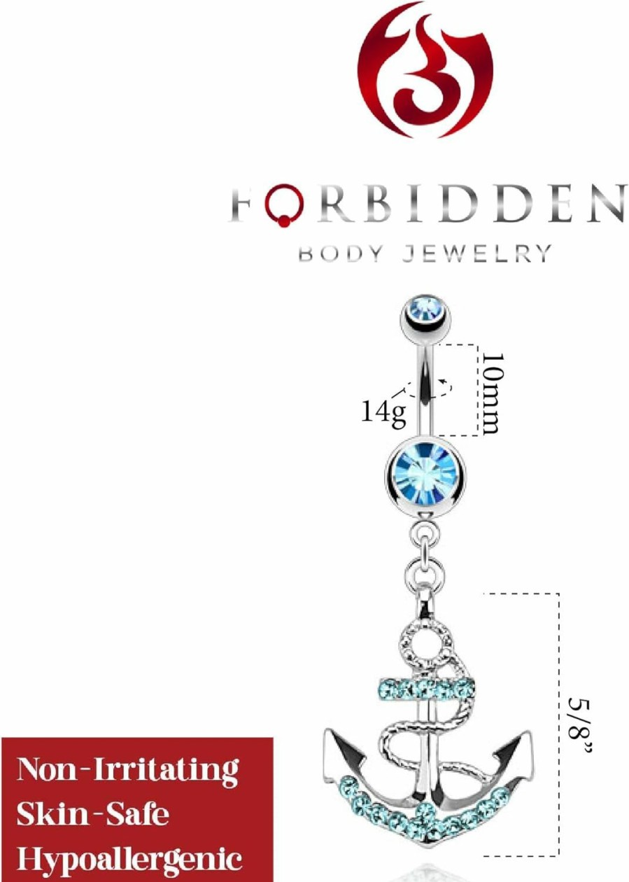 Forbidden Body Jewelry Forbidden Body Jewelry Surgical Steel Cz Crystal Anchor Nautical Dangle Belly Button Ring (Aqua, Clear, Pink) | Body Piercing Barbells