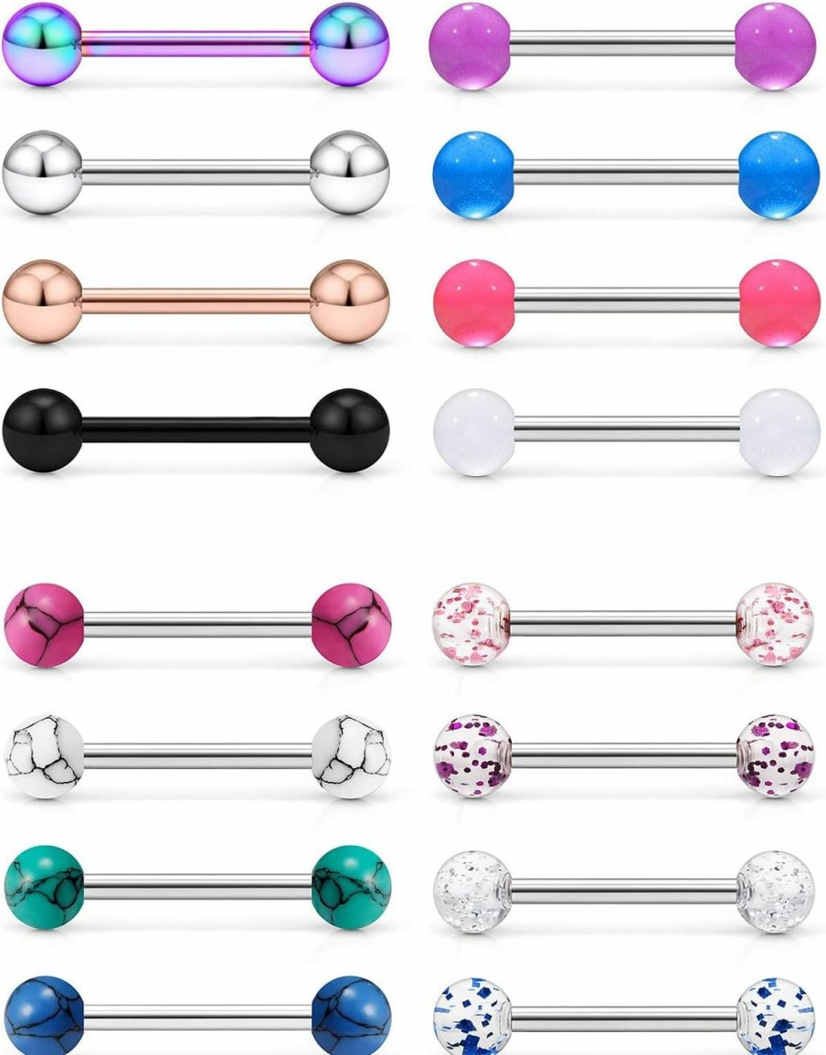 Oufksiyy Oufksiyy 24Pcs 14G Tongue Rings Surgical Steel Nipple Piercing Jewelry For Women Men 16Mm (5/8 Inch) Glow In The Dark Tongue Piercing 14Mm 16Mm Straight Barbells Piercing Jewelry | Body Piercing Barbells