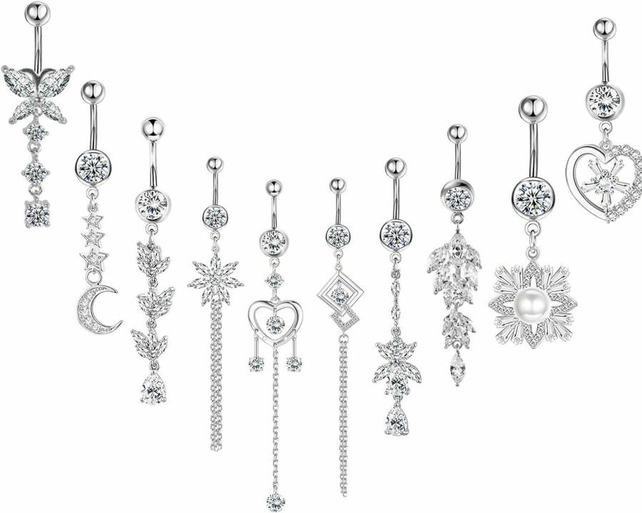 NEWITIN Newitin 10 Pieces 14G Belly Button Rings Dangle 316L Surgical Steel Navel Rings Cubic Zirconia Belly Piercing Jewelry Belly Dangle Rings For Women Girls | Body Piercing Barbells