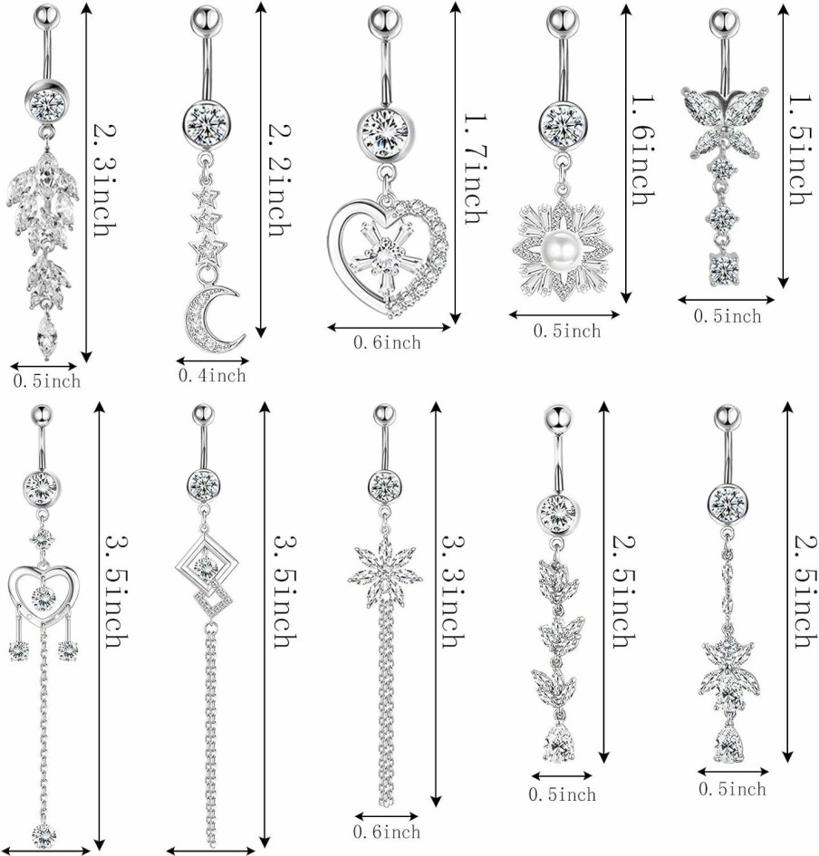 NEWITIN Newitin 10 Pieces 14G Belly Button Rings Dangle 316L Surgical Steel Navel Rings Cubic Zirconia Belly Piercing Jewelry Belly Dangle Rings For Women Girls | Body Piercing Barbells