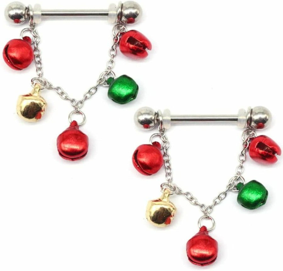 Kokoma 14G Jingle Bell Dangle Nipple Rings Stainless Steel Hoop Earrings Nipple Tongue Ring Barbell Piercing Red Green Ball Bead Christmas Nipple Piercing Jewelry For Women Girls | Body Piercing Barbells