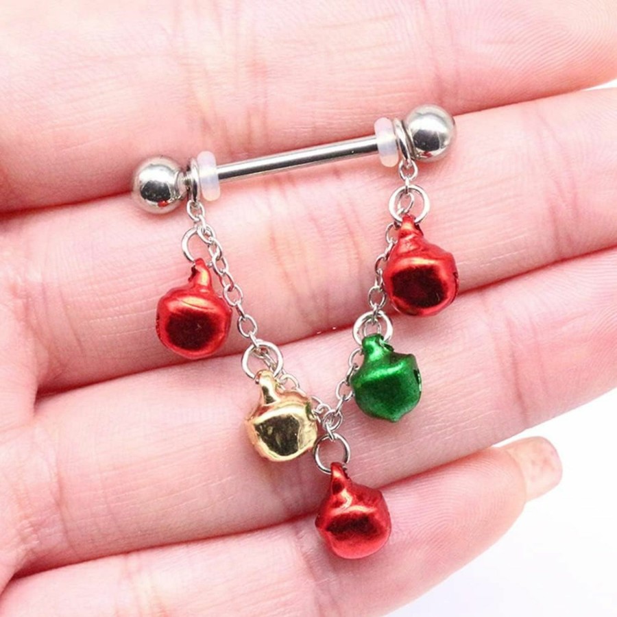 Kokoma 14G Jingle Bell Dangle Nipple Rings Stainless Steel Hoop Earrings Nipple Tongue Ring Barbell Piercing Red Green Ball Bead Christmas Nipple Piercing Jewelry For Women Girls | Body Piercing Barbells