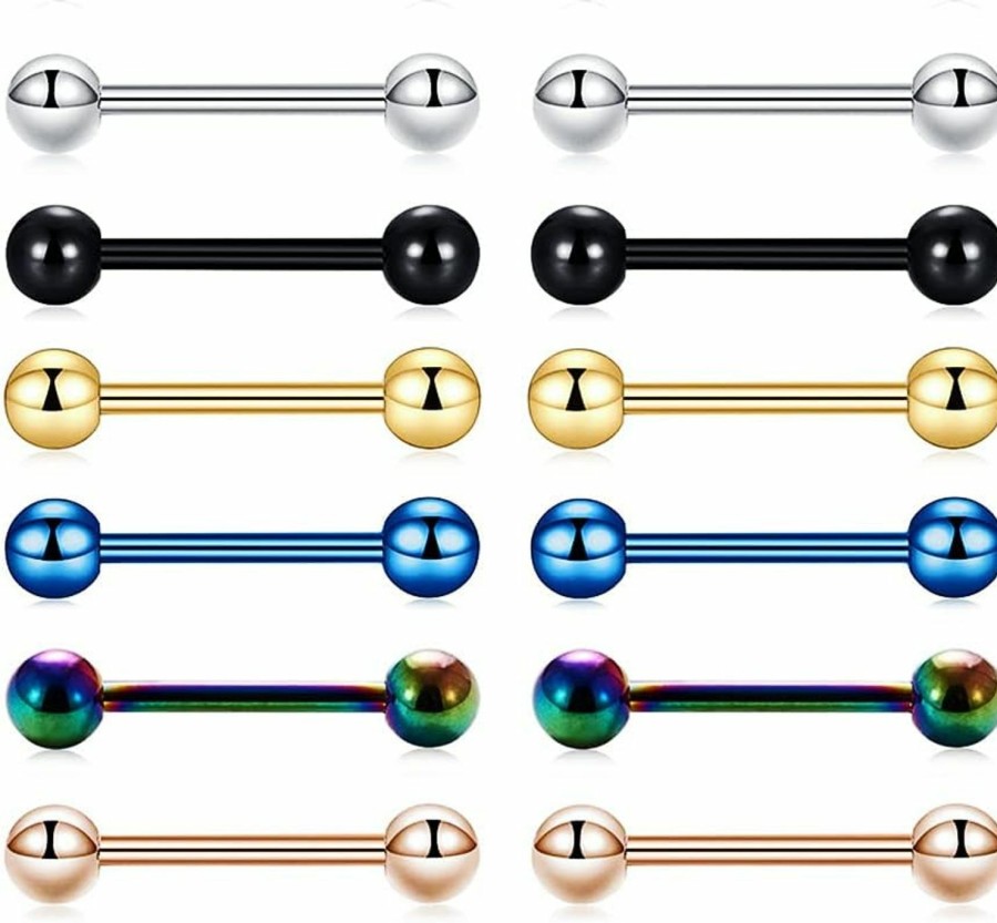 Amoina Amoina 12 Pcs 14G Multicolor Stainless Steel Straight Barbell Tongue Rings Bars Piercing 5/8\" Length Hypoallergenic | Body Piercing Barbells