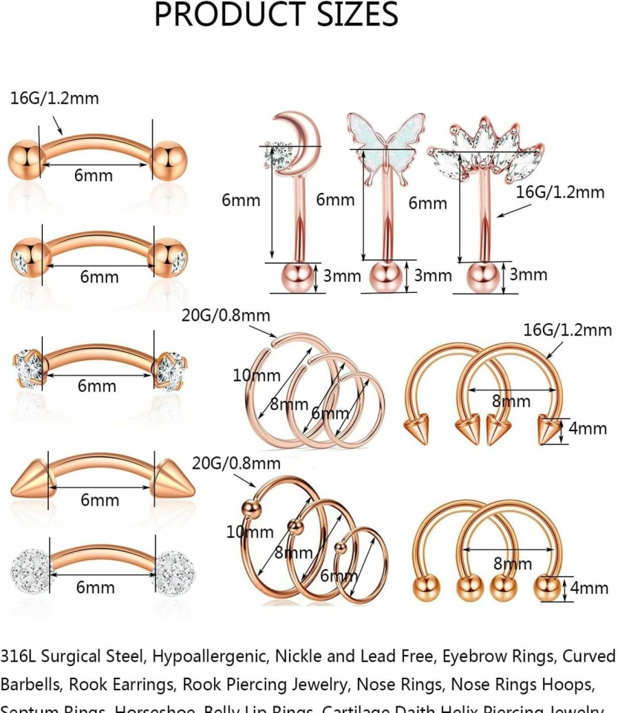 YACHY Yachy 18Pcs 16G Eyebrow Piercing Jewelry For Women Men, Eyebrow Rings Rook Earrings Rook Piercing Jewelry Belly Lip Ring Curved Barbells Eyebrow Piercing Cartilage Daith Helix Tragus Body Piercings | Body Piercing Barbells