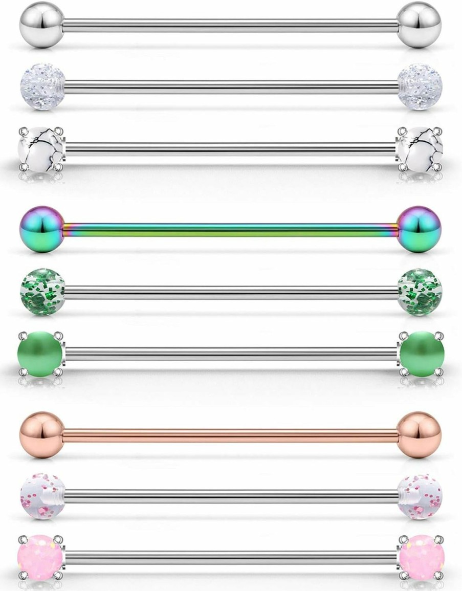 SCERRING Scerring Industrial Barbell Piercing Jewelry 14G Stainless Steel Cartilage Helix Conch Earring 1 1/2Inch(38Mm) Opal Stone Balls For Women Men 9Pcs | Body Piercing Barbells