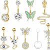 Tomovely Tomovely 14G Belly Button Ring Dangle Gold Plated Cute Belly Rings For Women Belly Piercing Jewelry Pack With Snake Evil Eye Heart Butterfly Clear Cz | Body Piercing Barbells