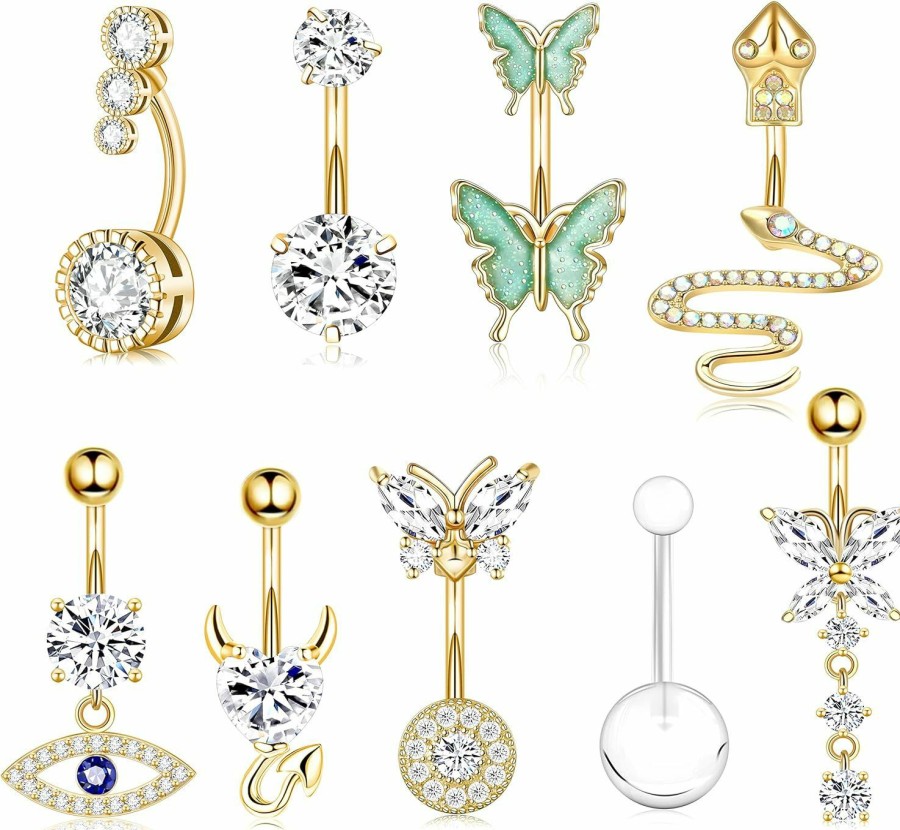 Tomovely Tomovely 14G Belly Button Ring Dangle Gold Plated Cute Belly Rings For Women Belly Piercing Jewelry Pack With Snake Evil Eye Heart Butterfly Clear Cz | Body Piercing Barbells