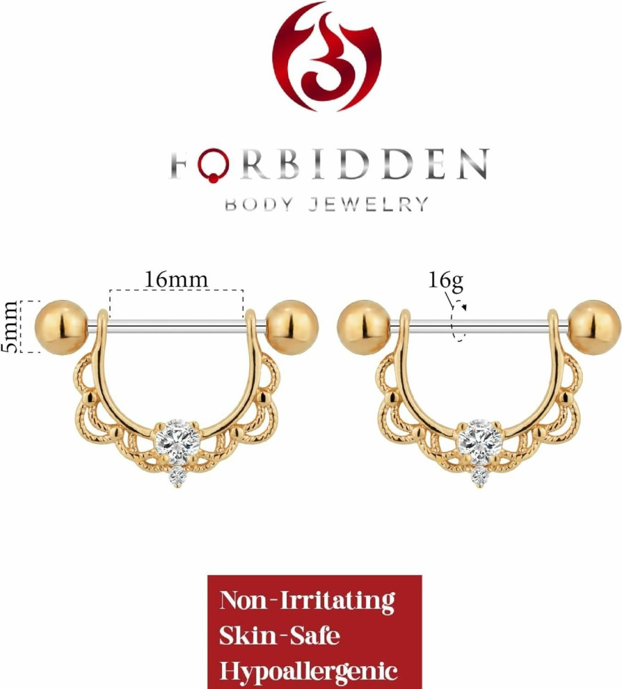 Forbidden Body Jewelry Forbidden Body Jewelry 14G-16G Surgical Steel & Gold Plated Cz Crystal Lacey Partial Nipple Shield Filigree Barbell Set | Body Piercing Barbells