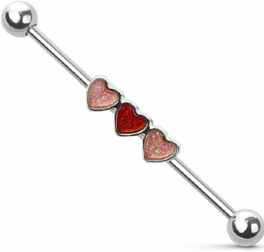 Pierced Owl Pierced Owl 14Ga 316L Stainless Steel Triple Glitter Heart Industrial Barbell | Body Piercing Barbells