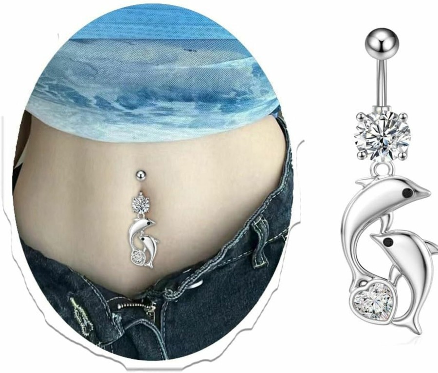 Niaspi Niaspi 14G Dolphin Belly Button Ring For Women Girls Stainless Steel Fashionable Cubic Zircon Curved Barbell Dangle Belly Navel Studs Body Piercing Jewelry | Body Piercing Barbells