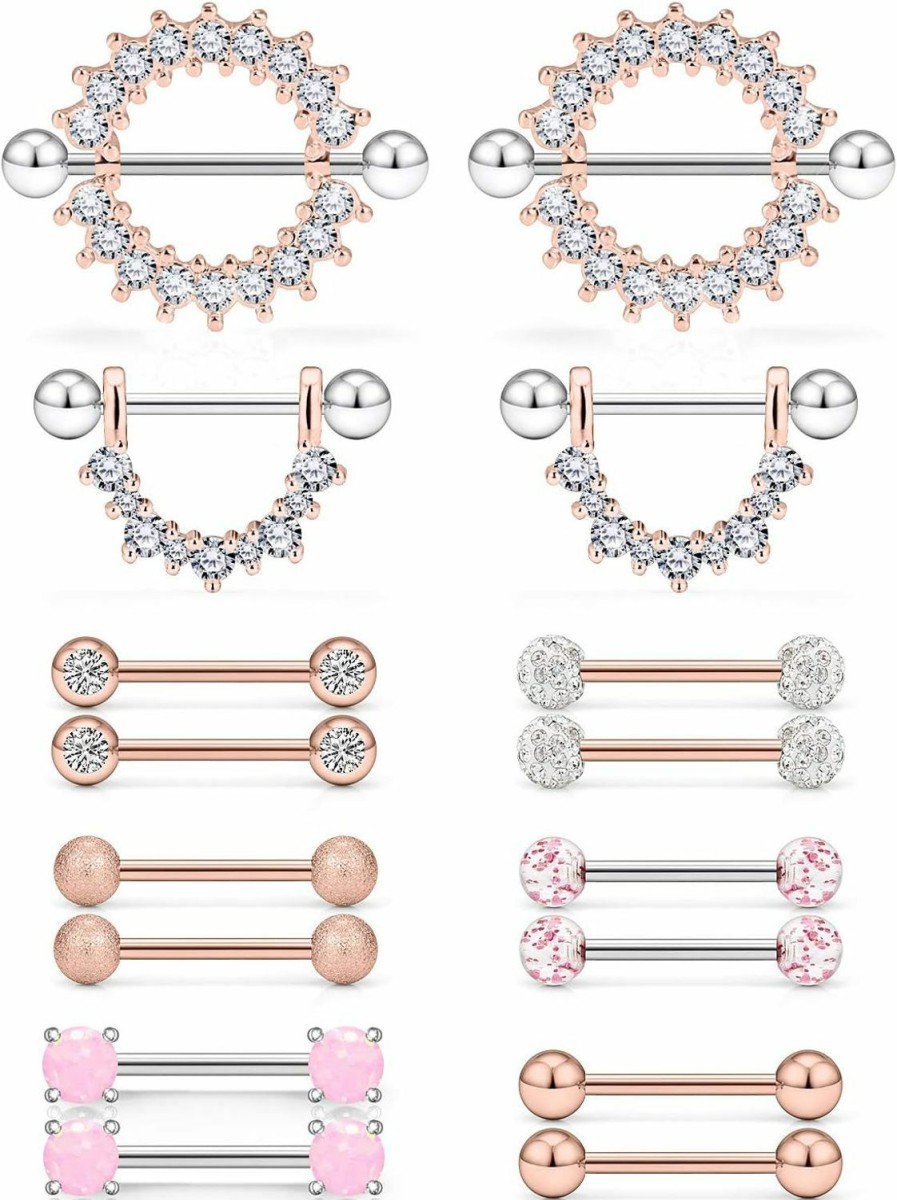 Yaalozei Yaalozei 16G Nipple Piercing Jewelry Hypoallergenic Surgial Steel Nipple Rings Tongue Ring Barbells Body Piercing Jewelry For Women Girls Shiny Cubic Zirconia Round Shaped Rings 8 Pairs | Body Piercing Barbells