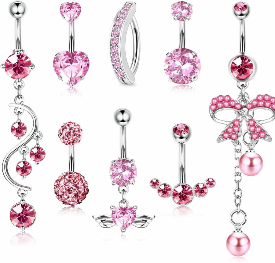 FIASASO Fiasaso 8 Pcs 14G Pink Belly Button Ring For Women 316L Surgical Steel Belly Ring Cute Pink Cz Dangle Belly Piercing Navel Rings Barbell Body Piercing Jewelry | Body Piercing Barbells