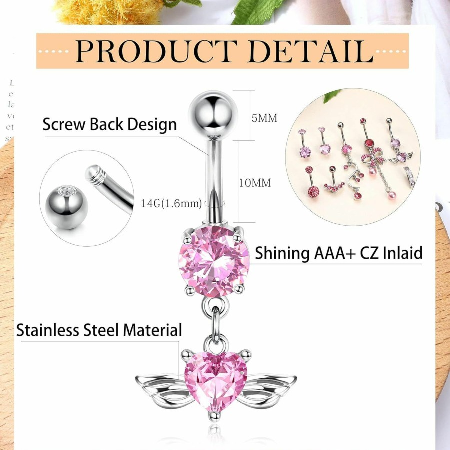 FIASASO Fiasaso 8 Pcs 14G Pink Belly Button Ring For Women 316L Surgical Steel Belly Ring Cute Pink Cz Dangle Belly Piercing Navel Rings Barbell Body Piercing Jewelry | Body Piercing Barbells