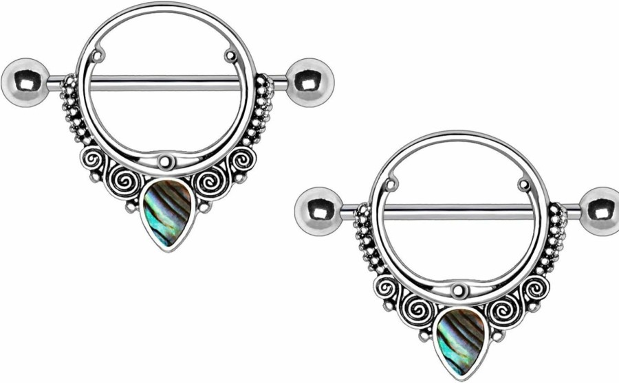 Pierced Owl Pierced Owl Stainless Steel Abalone Teardrop Ornate Nipple Shields, Sold As Pair | Body Piercing Barbells