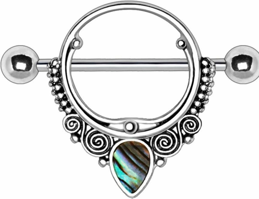 Pierced Owl Pierced Owl Stainless Steel Abalone Teardrop Ornate Nipple Shields, Sold As Pair | Body Piercing Barbells