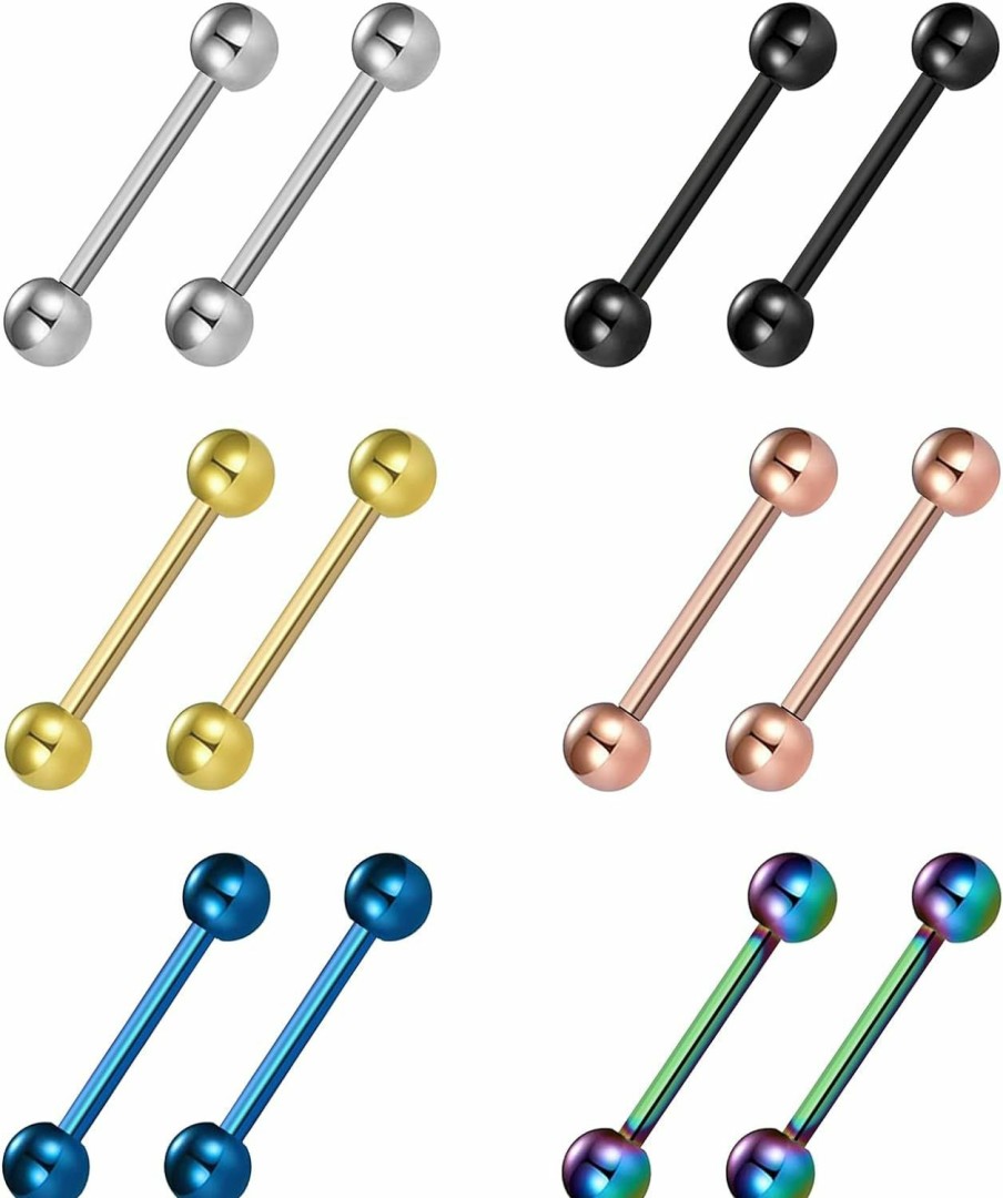 CrazyPiercing Crazypiercing 12Pcs Different Color Tongue Rings Surgical Stainless Steel Tongue Piercing 14G 16Mm Length Straight Barbell Piercing Jewelry | Body Piercing Barbells