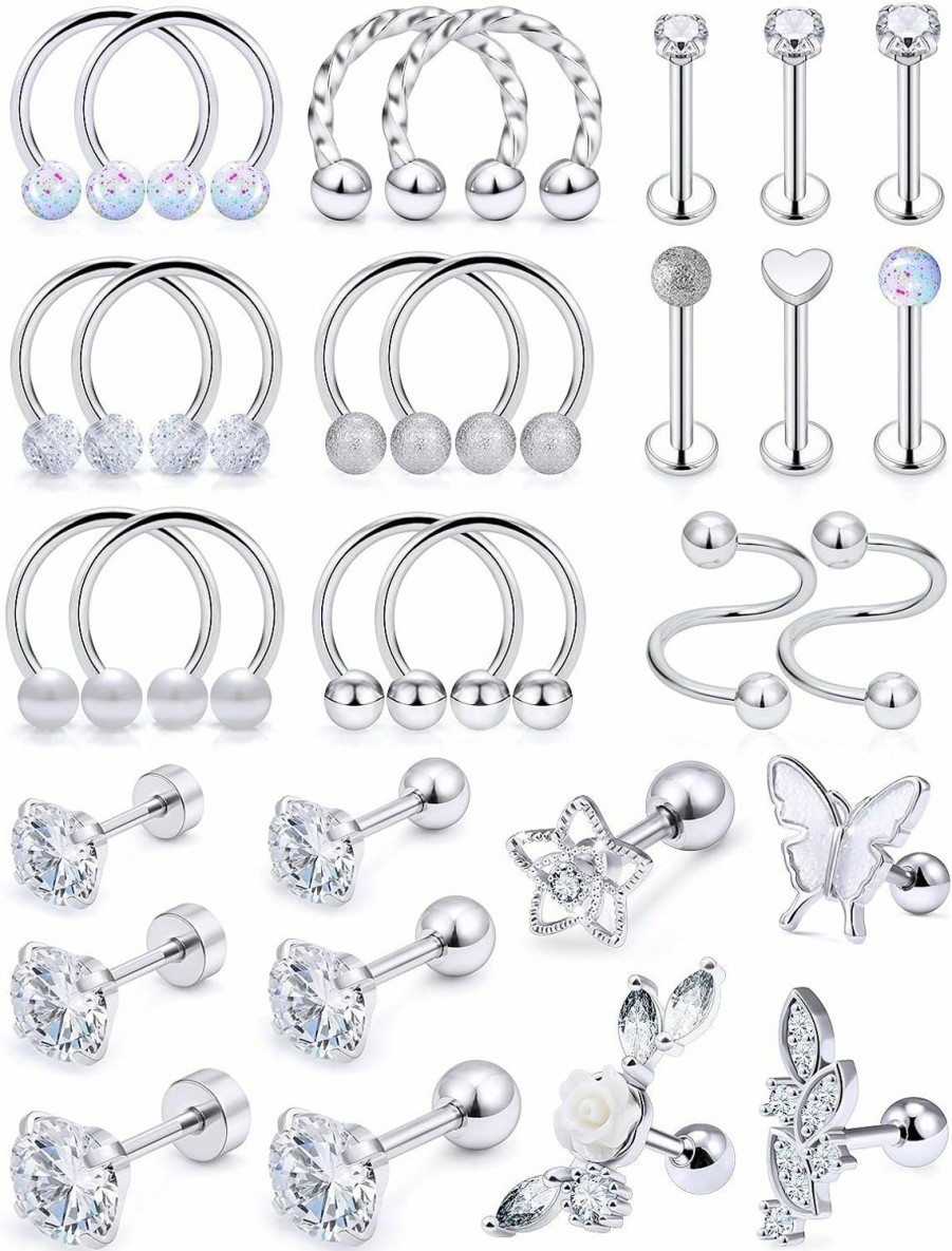 Yaalozei Yaalozei 30Pcs 16G Cartilage Earrings For Women Forwards Helix Earring Hoop Rook Daith Conch Tragus Earrings Stainless Steel Piercing Jewelry For Women Men | Body Piercing Barbells