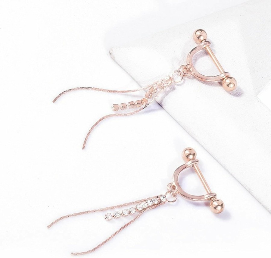 Kinsing Rose Gold Nipple Rings Titanium Steel Nipple Piercing For Women Girls 14G Dangle Tassels Cubic Zirconia Body Retainer Jewelry 12Mm 2Pcs | Body Piercing Barbells